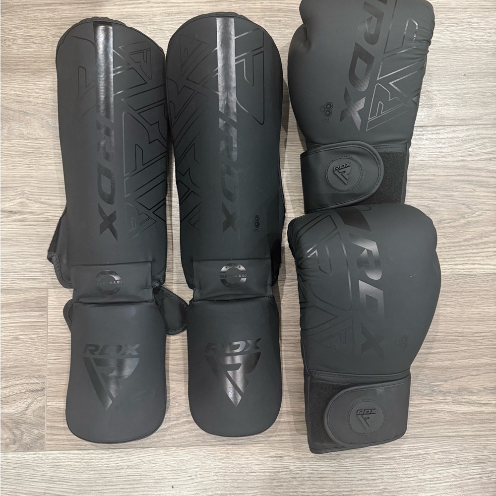 Black Muay Thai, MMA Boxing Gloves and Shin Guards Set